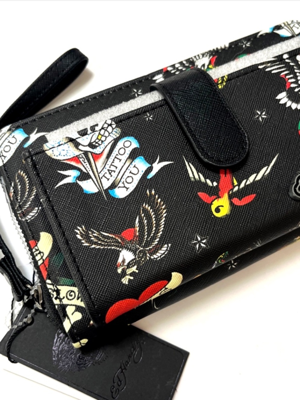 NWT Ed Hardy Tattoo Wallet Wristlet Black Skull Eagle Clutch Fits Cell Phone